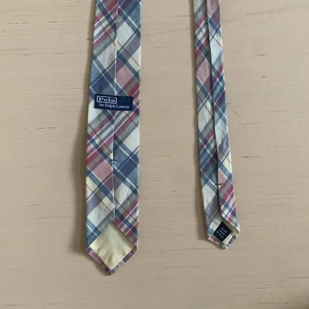 Vtg Polo Ralph Lauren Men's 3''x 55'' Plaid Cotton Neck Tie Hand Made Italy
